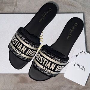 Dior Black and Beige Logo Slide Mules